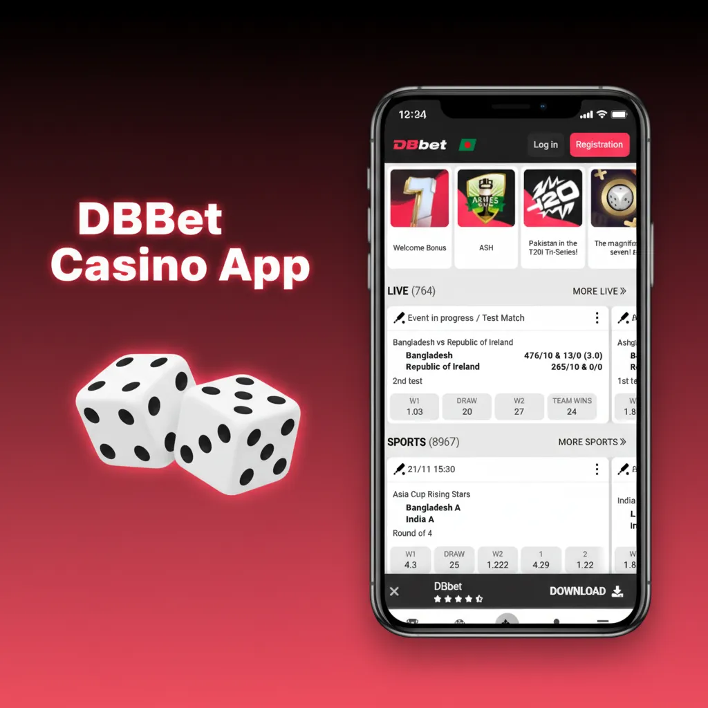DBBet Casino App screen showing casino area with slots, live dealers, Lightning Roulette, Blackjack, and free spins promos