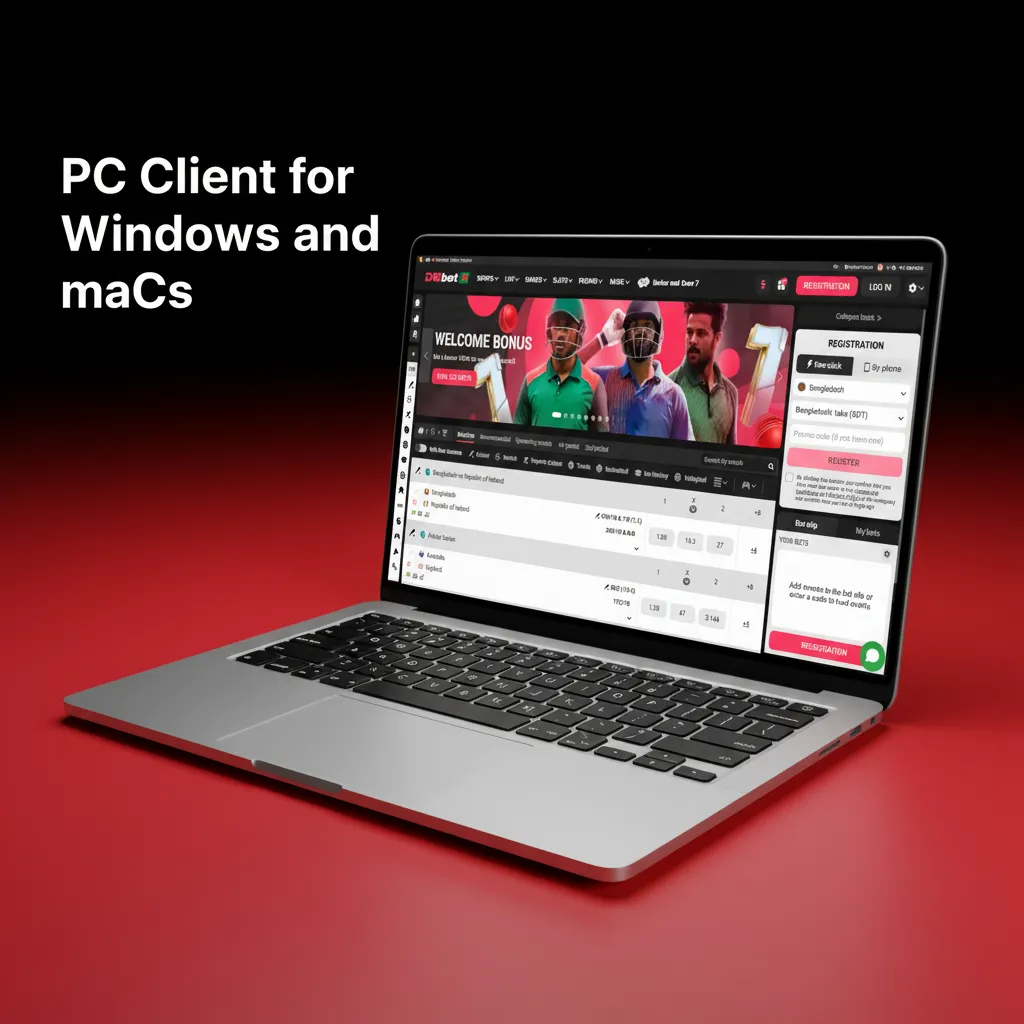 Windows and macOS screens with the official site open in a browser; place bets and play without installing a desktop app.