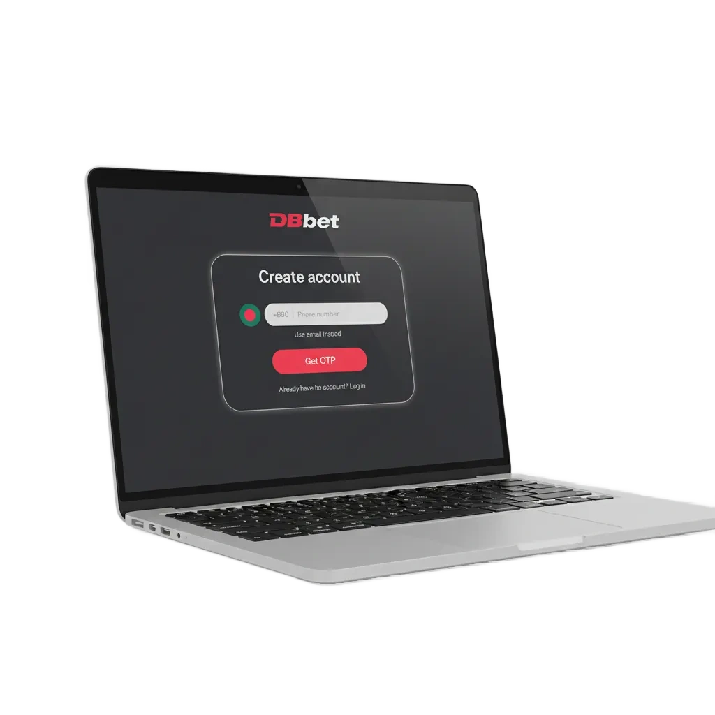 DBBet registration in Bangladesh: phone, email, one‑click, or social sign‑up; EUR sports and casino bonuses; BDT shown.