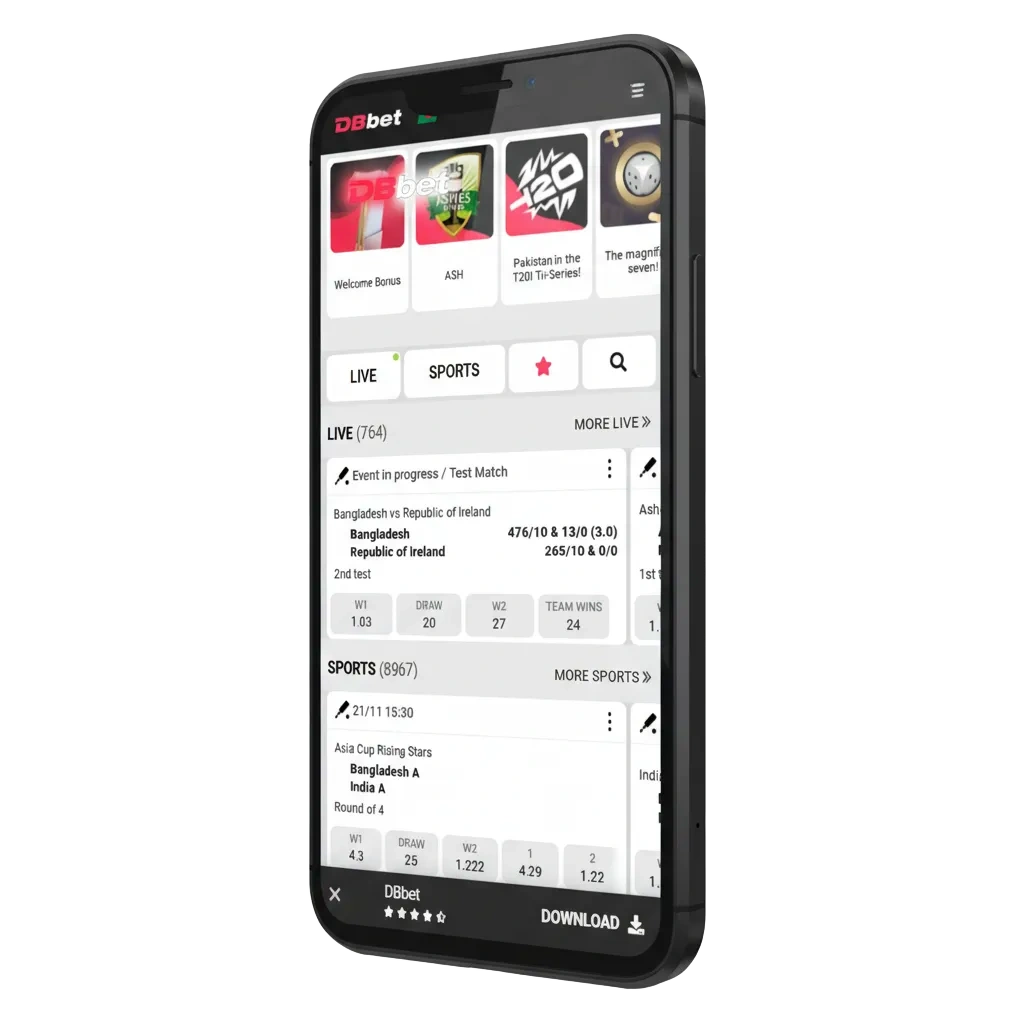 DBBet app promo: Android APK and iOS download, mobile screens, payment logos, welcome bonus up to €1,500 + 150 spins